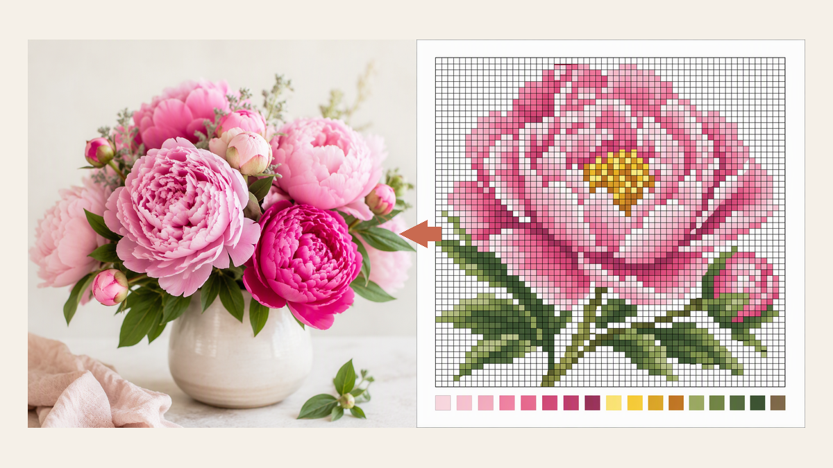Illustrative photo and cross stitch chart style side by side